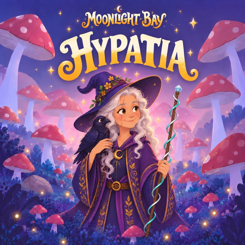 Illustration of Hypatia, a purple-robed mage