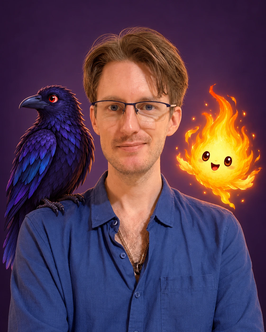 Jonathan Reule with Lux the raven and Sol the fire sprite against a purple background