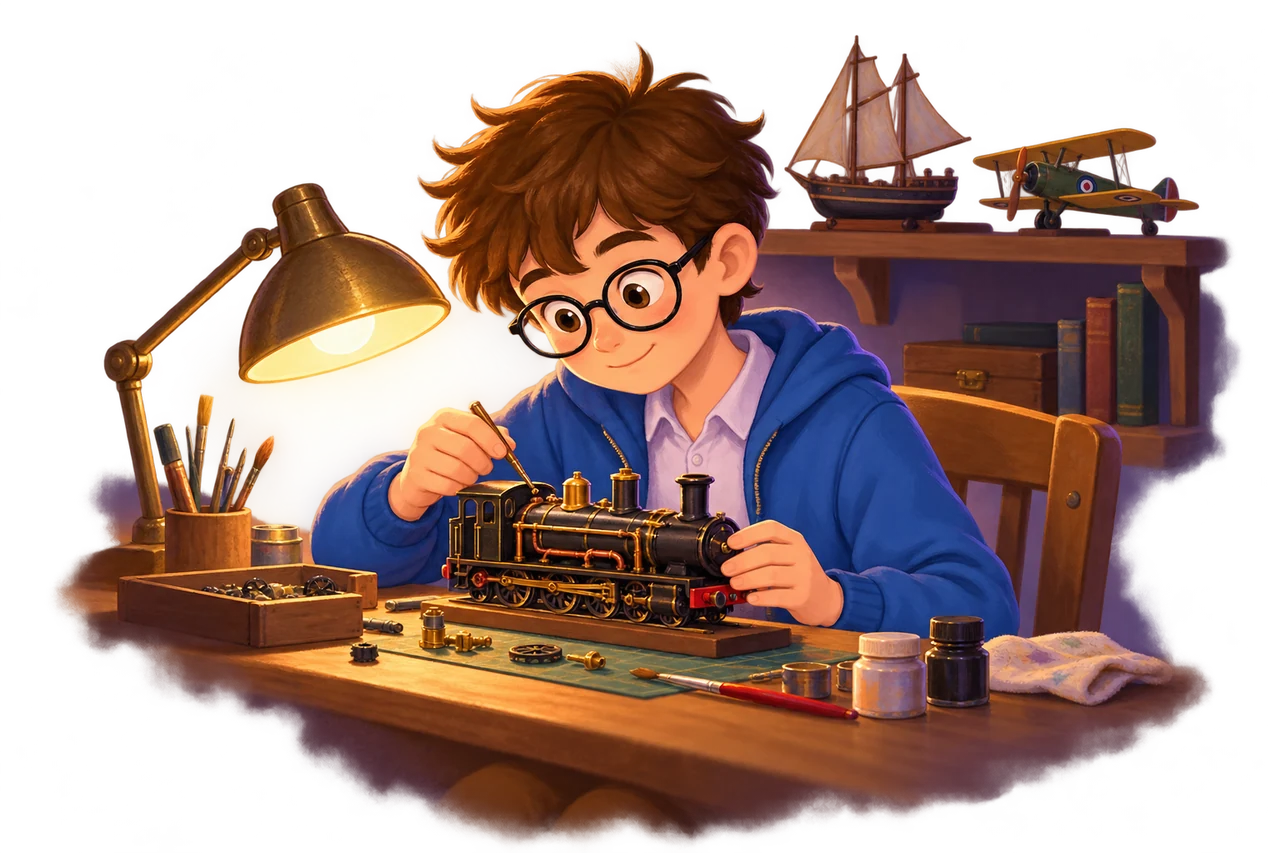 Scott carefully working on a miniature steam train at his desk, with model ships and a plane on the shelf behind him